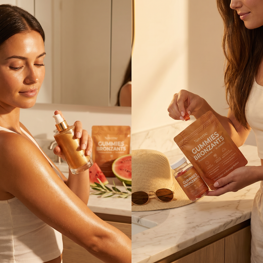 Gummies bronzants Noverne et huile dorée - routine bronzage naturel sans soleil