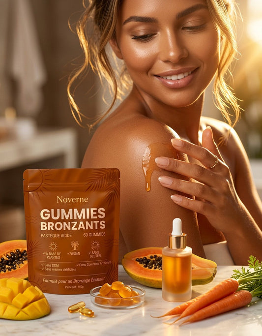 Femme teint bronze naturel routine beauté sérum - Noverne Gummies Bronzants