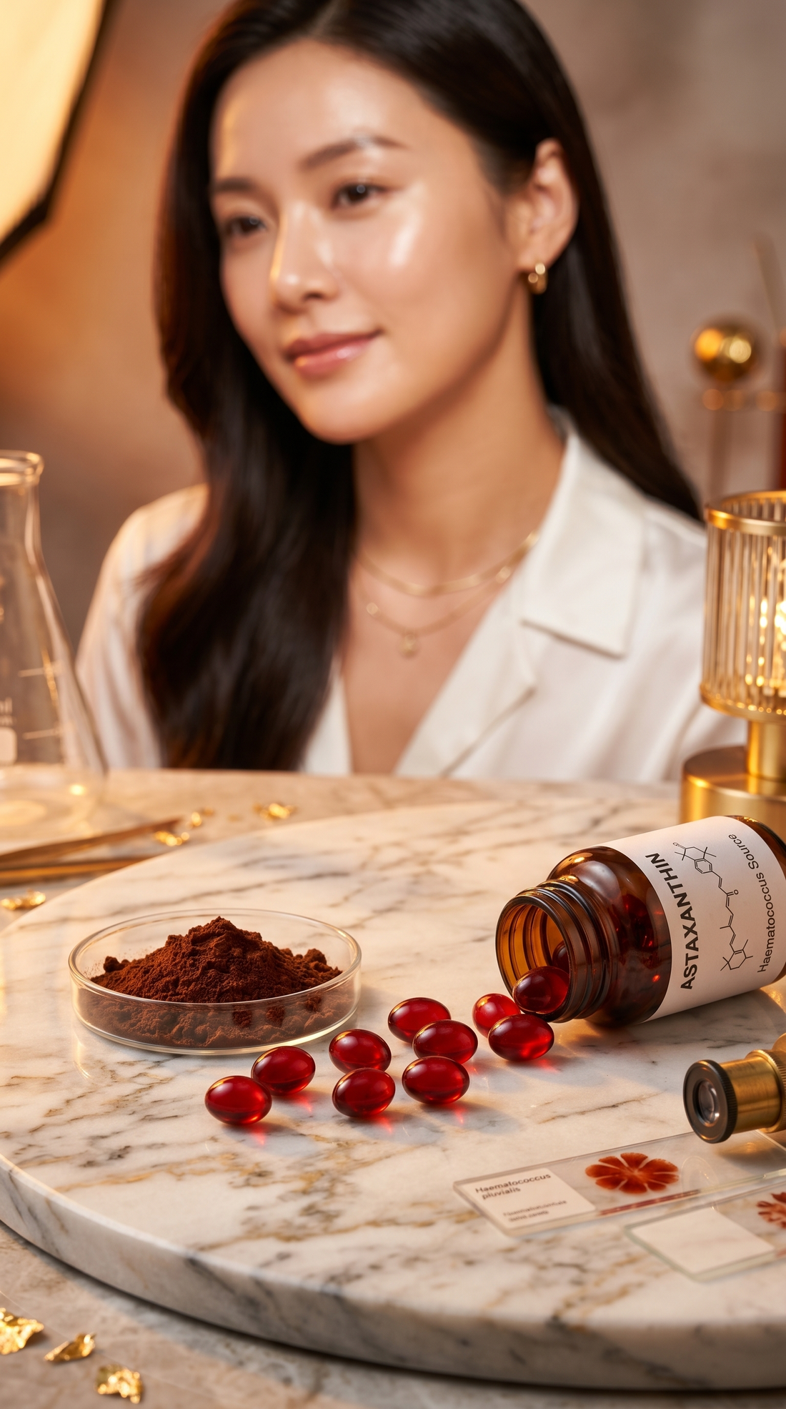 Capsules d'astaxanthine naturelle Haematococcus pluvialis complément bronzage scientifique