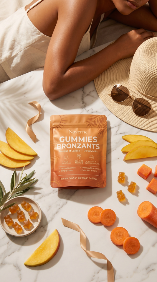 Gummies bronzants Noverne mangue carotte sur marbre - bronzage naturel sans soleil