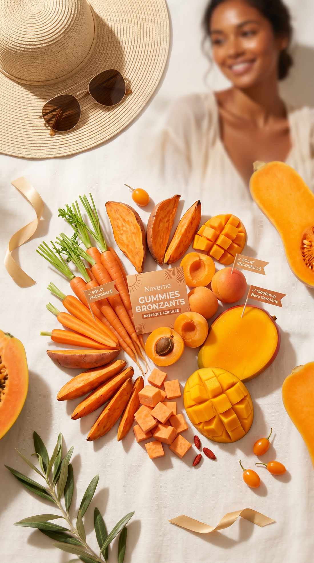 Aliments riches en bêta-carotène carottes mangue patate douce avec gummies bronzants Noverne