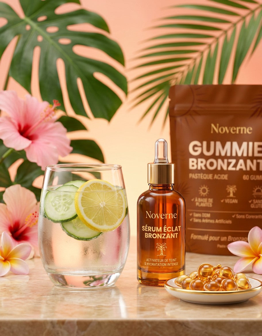 Hydratation et bronzage naturel verre eau citron concombre sérum Noverne