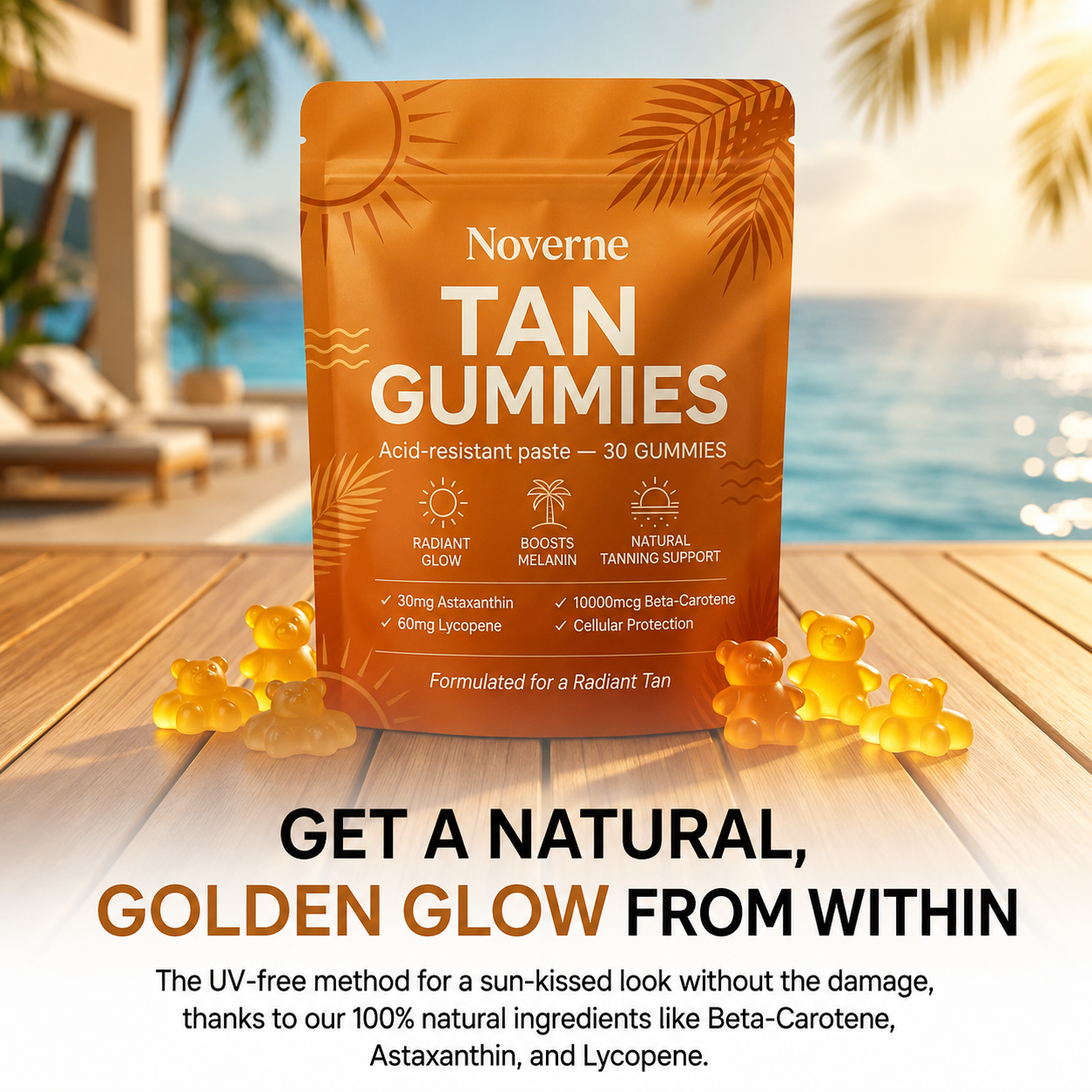 Noverne Self-Tanning Gummies — A natural golden tan in 14 days — no sun, no UV, no danger.